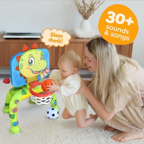 Move2Play, Dinosaur Basketball Hoop & Soccer Goal Activity Center | 30+ Sounds & Songs + 5 Lights | 1 2 3 Year Old for Boys and Girls | Toy & Gift for Baby & Toddlers B0FJSJHNHY