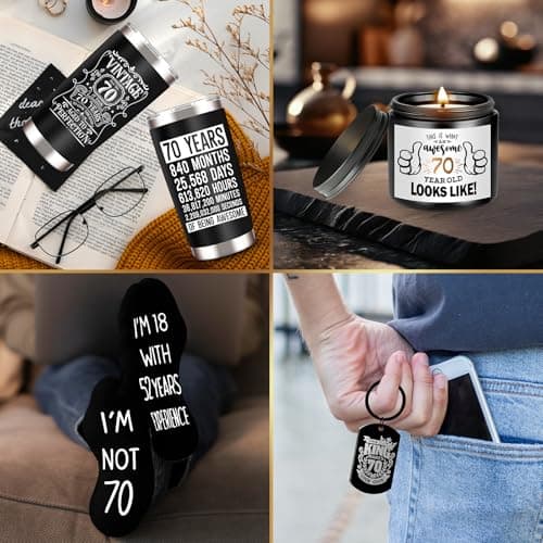 70th Birthday Gifts for Men - Unique Box with 20 Oz Tumbler, Scented Candle, Socks, Baseball Cap for Husband, Dad, Grandpa, Friends, Teachers, Boss