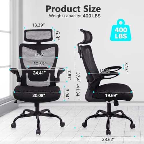 CLATINA Heavy Duty Ergonomic Mesh Office Chair 400LBS, Big and Tall Desk Chair with Adjustable Lumbar Support & Headrest, Flip Up Padded Arms, Swivel Computer Chair for Home, Study, Conference, Black