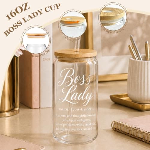 Best Boss Gift for Women, Unique Appreciation Gift Baskets for Boss Female Leader w 16OZ Glass Cup LUICONMO Thank You Gifts for Boss Lady, Bosses Day Gifts for Women B0H695G897