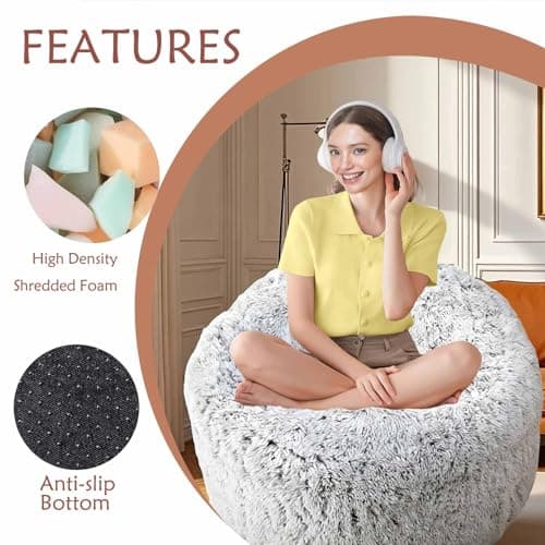 Plush Faux Fur Bean Bag Chairs, Memory Foam Filled Sofa Chair Shape Bean Bag for Adults/Teens/Kids, Ultra-Soft Lazy Sofa for Living Room Bedroom College Dorm, Grey
