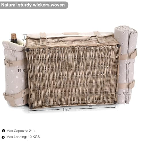 Multifunctional Wicker Picnic Basket Set for 2 with Blanket and Picnic Table, Insulated Picnic Set with Full Tablewares for Camping Outdoor Couples, Flowers B0D4Q11DMV