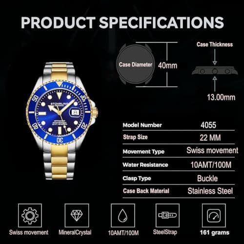 Stuhrling Original Men's Dive Watch, Swiss Movement, Stainless Steel, Blue Dial, Stainless Steel Bracelet, 100M Water Resistant
