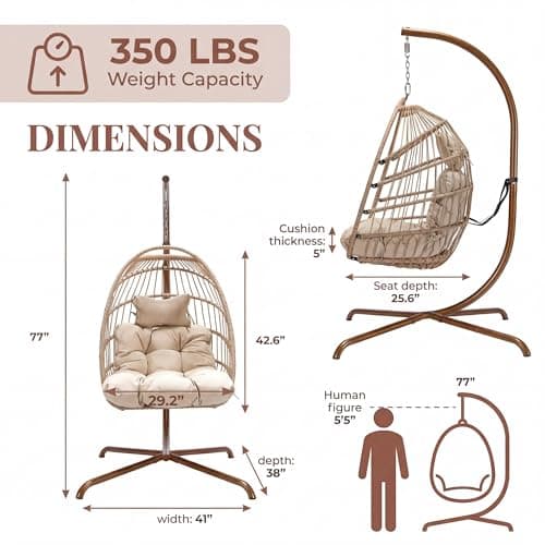 NICESOUL Hanging Egg Chair with Stand Indoor Outdoor, Comfy Patio Rattan Swing Hammock Chairs with Cushion, 350lbs Capacity Egg Shaped Chair for Lawn Backyard Balcony Bedroom, Birthday Gift, Beige