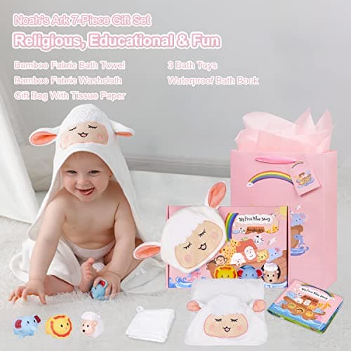 My First Noahs Ark 7 pcs Baptism Gift Set, Dedication, Christening and Baptism Gifts for Girl and Newborn Baby, Includes Washcloth and Hooded Towel,Baby Bath Book, 3 Bath Toys and Gift Bag