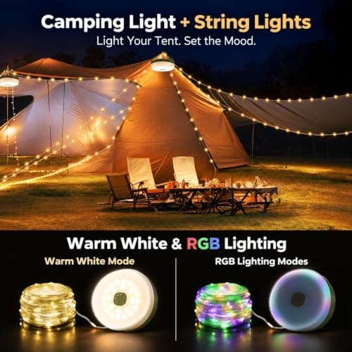 Quick Storage Rechargeable Tent Light,Waterproof Hanging LED Design for Awning Patio Indoor Outdoor Decor Camping Essentials Camping String Lights, 32.8FT Rechargeable with Storage Reel, 8 Modes B0F3HZZNNP
