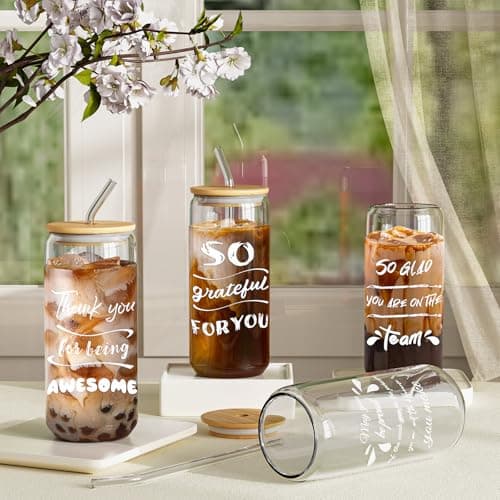 12 Set Employee Appreciation Gifts, Inspirational Thank You Gift for Team, Teacher, Nurse, Coworkers, Employees, Staff - Employee Christmas Gifts, 20oz Glass Cups with Lids and Straws (Mixed)