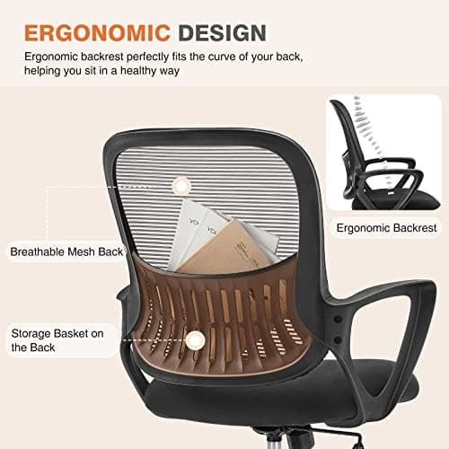 Sweetcrispy Home Office Managerial Executive Chair with Ergonomic Design, Mid-Back Mesh Swivel, Comfortable Lumbar Support, Comfy Arms for Bedroom,Study,Student, Black