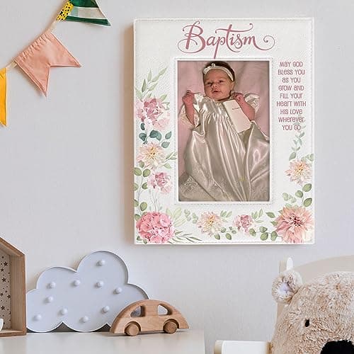KATE POSH Baptism Picture Frame for Girl, Pink Flowers Decor, Christening, Religisous Gift, From Godparents, New Baby (4x6-Vertical)