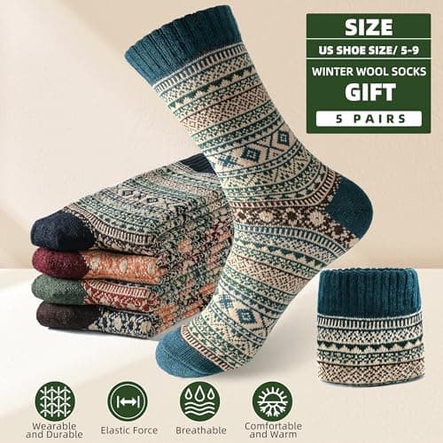 Womens Wool Socks 5 Pairs Warm Winter Knit Wool Soft Vintage Casual Crew Socks Stocking Stuffers Gifts for Women Men