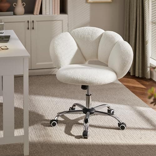 Yaheetech Boucle Upholstered Desk Chair Cloud-Shaped Vanity Chair Adjustable Home Office Computer with Rolling Wheels for Living Room, Bedroom White