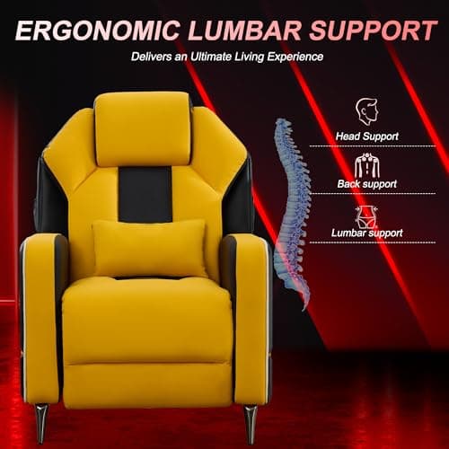 URRED Gaming Recliner Chair with LED Lights, Ergonomic Video Game Reclining Chair with Footrest, Lumbar Pillow, Side Pocket, Home Theater Recliner for Living Room, Bedroom, Gaming Room (Yellow)