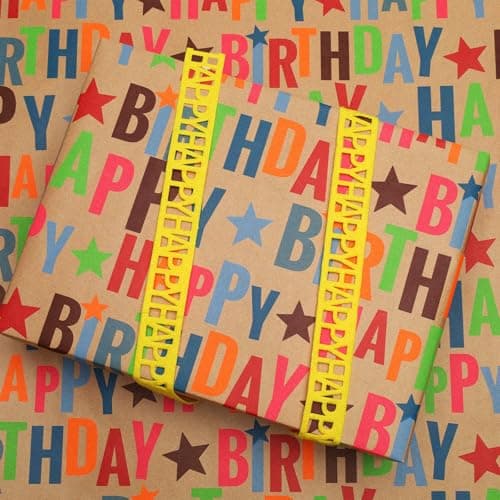 17 inch X 33 feet, Gridlines Design, Recycled, Holiday BIOBROWN Kraft Birthday Wrapping Paper Colorful Text Happy Birthday Design B0BLSML9G3