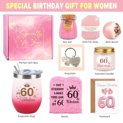 60th Birthday Gifts for Women, 60 Year Old Birthday Gifts for Women Self Care Gifts Basket Relaxing Spa Gift Fabulous Happy 60th Birthday Gift Presents Ideas for Woman Mom Wife Sister Friend Grandma