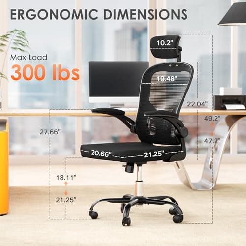 Ergonomic Office Chair, 300lbs High Back Breathable Mesh Desk Chair with Lumbar Support, Comfy Gaming Chair with Headrest and Flip-Up Arms, 360° Swivel Computer Task Chair for Home Office, Black