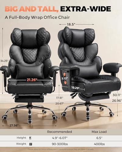 COMHOMA Big and Tall Office Chair with Upgrade Footrest, Heavy Duty Gaming Chair High Back Executive Chair with Spring Lumbar Support for Lower Back Pain Relief, 150°Reclining Adjustable Armrests