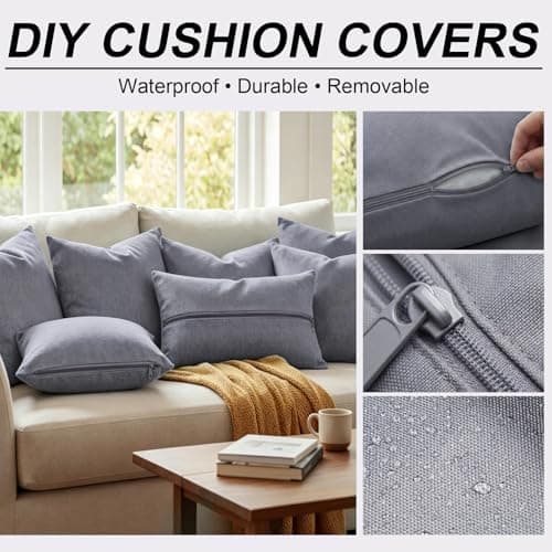 HunnmingRe 600D Waterproof Oxford Fabric with 2 Yard Zipper, 58" x 36" Outdoor Upholstery Fabric for Outdoor Cushion Cover Waterproof Canvas for DIY Patio Pillow Cover Furniture Covers(Gray)