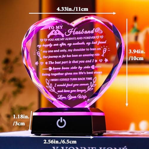 YWHL Gifts for Husband from Wife with Colorful LED Base Anniversary Birthday Gifts for Husband to My Husband Crystal Heart keepsake I Love You Gifts for Him on Valentine Christmas Fathers Day B0D86M2CG9