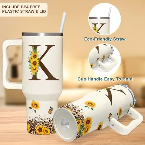 Personalized Birthday Gifts For Women - Sunflower Gifts For Women, Mom - Christmas Gifts For Womens, Mother's Day Gift For Mom, Boss - Monogrammed, Initial Tumbler Handle 40oz W Lids & Straws, K