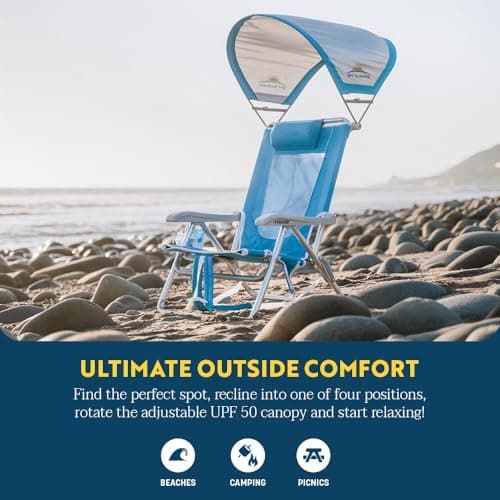 GCI Outdoor Sunshade Backpack Beach Chair | Reclining Folding Canopy Chair with Durable Armrests, Drink Holder & Carry Straps, Perfect for Beach Trips & Picnics — Saybrook Blue