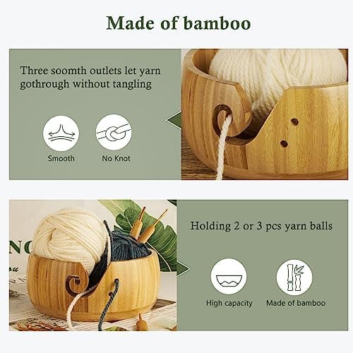 Wooden Yarn Bowl Holder, Craft Knitting Bowl with 8pcs Metal Crochet Hooks, 7.9''Large Yarn Holder Dispenser Yarn Storage Bowls, for Knitters & Crocheters (Bamboo 7.9 inch)