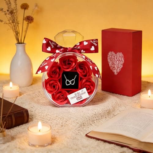 Anniversary Cute Women Artificial Soap Rose Flowers with Double Heart Necklace Present Gifts for Girlfriend Valentines Day Birthday Gift B0GW7XRWSC