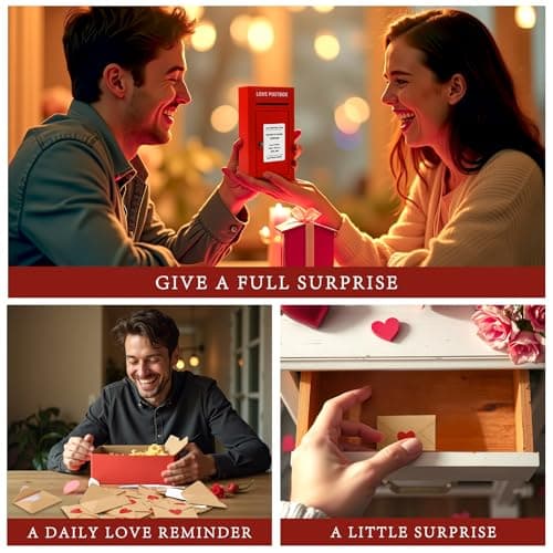 Red Wooden Mailbox, Interactive Opening Door, Cute Christmas Anniversary Valentines Day Gifts for Him Husband Boyfriend Romantic Wooden Love Postbox Set, 50 Mini Love Notes and Envelopes B0DQVG86TF