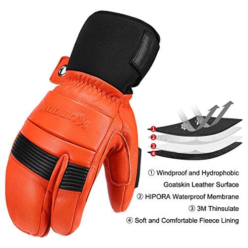 KUTOOK Ski Mittens with HIPORA Waterproof Membrane Goat Leather Gloves for Skiing Outdoor
