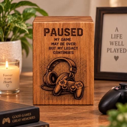 Gaming Memorial Urn Box for Human Ashes,Cremation Urn with Laser Engraved Headphones & Game Controller Design, Wooden Keepsake Funeral Urn for Adult Ashes, Memorial Gift B0HD81S9SR