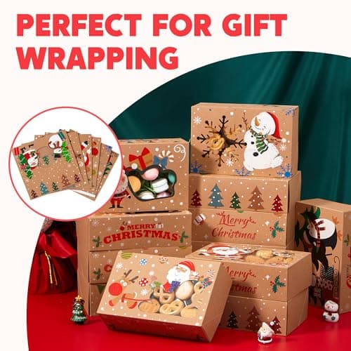 JOYIN 12PCS Christmas Cookie Boxes for Gift Giving, 8.75" x 5.75" x 2.75" Xmas Holiday Bakery Treat Boxes with Window, Kraft Cookie Tin Container Box for Baked Goods, Cupcake, Pastry, Candy, Doughnut