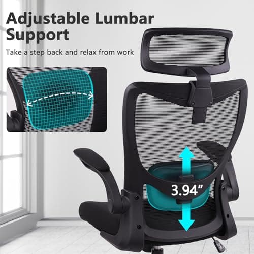 CLATINA Heavy Duty Ergonomic Mesh Office Chair 400LBS, Big and Tall Desk Chair with Adjustable Lumbar Support & Headrest, Flip Up Padded Arms, Swivel Computer Chair for Home, Study, Conference, Black