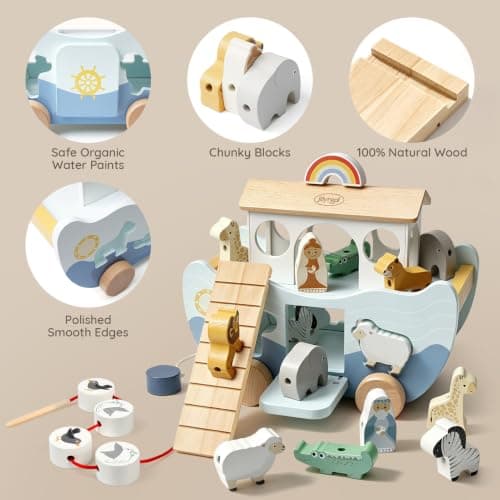 Neutral Color, Montessori Educational Toy, Animal Shape Sorter, Christian Toys for Toddler 1-3, Christmas Birthday Gift Joyreal Wooden Noah's Ark Toy for 1 Year Old Baby Boy and Girl Baptism Gift B0F3XF1SH8