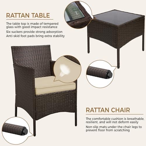 Yaheetech 3 Pieces Patio Porch Furniture Set, Outdoor PE Rattan Wicker Conversation Set with Soft Cushions, Glass Coffee Table & 2 Chairs for Garden/Deck/Courtyard/Poolside, Brown/Khaki
