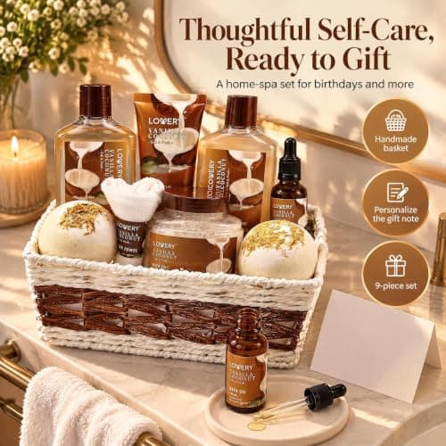 Gifts For Women Gift Basket for Women– 9 Piece Set of Vanilla Coconut Home Spa Set, Includes Fragrant Lotions, Extra Large Bath Bombs, Coconut Oil, Luxurious Bath Towel & More