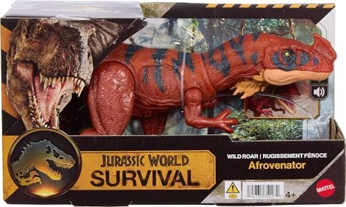 Mattel Jurassic World Wild Roar Afrovenator Dinosaur Action Figure Toy, Attack Action & Lights & Roar Sound, Scan Code for Digital Play