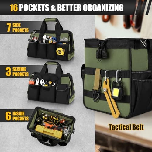 Heavy Duty Tool Bag 15-Inch, 16-Pocket Portable Empty Tool Box Organizer Storage, Toolbox Organization, Soft Handle Large Zipper Carrying Toolbag, Dad Men Mechanic Birthday Stocking Stuffer Gifts