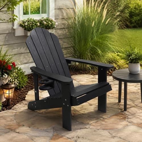 Adirondack Chair,All-Weather Can Used Patio Chair with Cup Holder,Sturdy Outdoor Lawn Chair,Easy Clean Surface and Anti-Tip Safety Features,Black