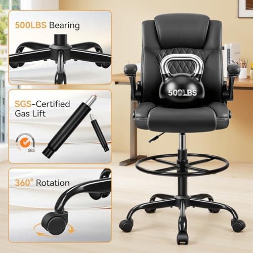 Drafting Chair,Tall Office Chair for Standing Desk,High Executive Leather Ergonomic Computer Chair with Adjustable Height and Flip-Up Armrest for Counter Height Desk,Black