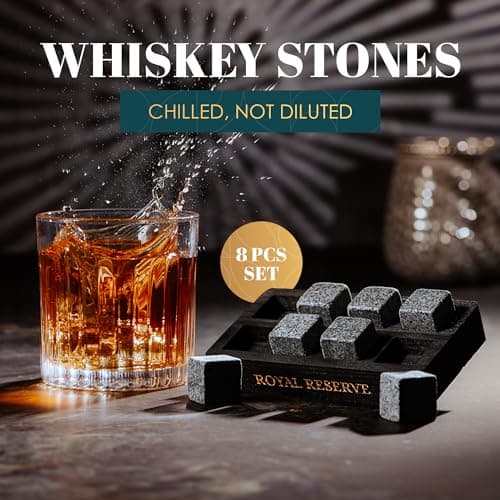 Whiskey Stones Gift Set by Royal Reserve – Artisan Crafted Reusable Chilling Rocks for Scotch Bourbon – Stocking Stuffer for Men - Whiskey Gifts for Husband Guy Dad Boyfriend
