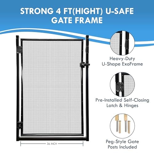All Safe Pool Fence Door Gate Kit - 4-Foot Black Self-Closing Pool Gate for Decks, Lockable & Easy DIY Installation - Safety Swimming Pool Gate for Kids & Inground Pool Fencing, Durable U-Safe Frame