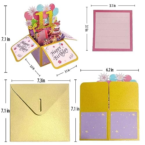 Asmallgf Happy 11th Birthday Popup Card for Daughter Son, Sweet Gift for 11 Years Old Girl Boy, Awesome Eleven Birthday 3D Greeting Card for Him Her