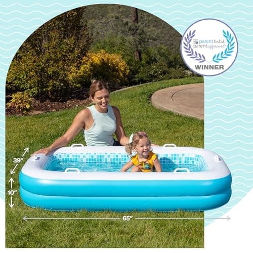 2-in-1 Inflatable Kiddie Pool, 65"x39"x10" (5'5") Soft Cushioned Floor, Handles, Drain, Shallow Rectangular Blowup Swimming Pool for Kids Age 2+ Toddler Ball Pit, Small Adult Backyard Tanning Pool