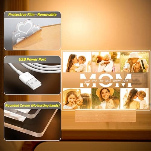 Personalized Gifts for Mom from Daughter Son, Custom Picture Frames with Photos, Customized Photo Frame with Night Light, Personalized Christmas Birthday Gifts for Mom Baby Kids Family