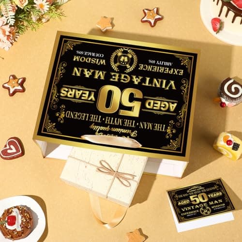 Vintage 50th Birthday Gift Bag for Men with 50th Wrapping Paper and Card Black Gold 1976 Birthday Gift Wrap Treat Bags for Vintage Men Aged 50 Years Old Bday Anniversary Party Supplies Decorations