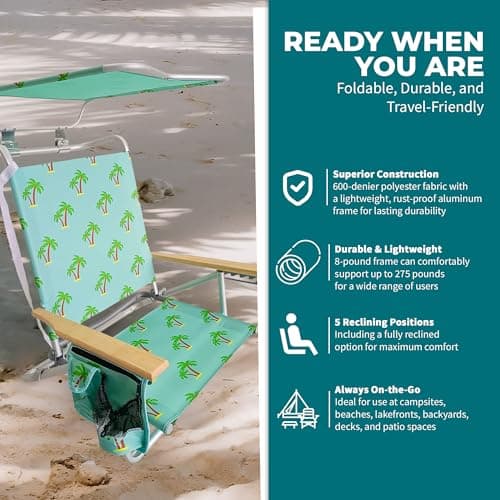 Bliss Hammocks Folding Beach Chair Recliner with Canopy Shade, Palm Tree