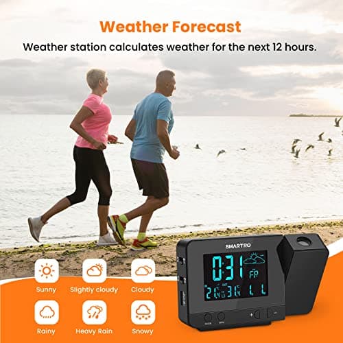 SMARTRO SC31B Digital Projection Alarm Clock with Weather Station, Indoor Outdoor Thermometer for Bedrooms, USB Charger, AC Battery Operated