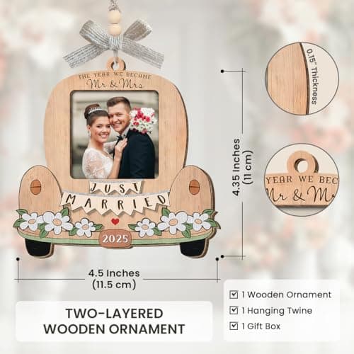 Just Married Personalized Christmas Ornaments - Wedding Gifts for Couples 2025, Bridal Shower Gift for Bride, Custom Wooden Ornaments with Picture, Newly Wed Gifts for The Couple Mr and Mrs Engagement