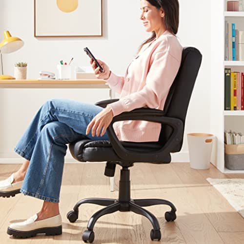 Amazon Basics Classic Puresoft PU Padded Mid-Back Office Desk Chair with Armrest, Easy Assembly, Sturdy Metal Base, Wheels, 275lb Support, 26"D x 23.75"W x 42"H, Black