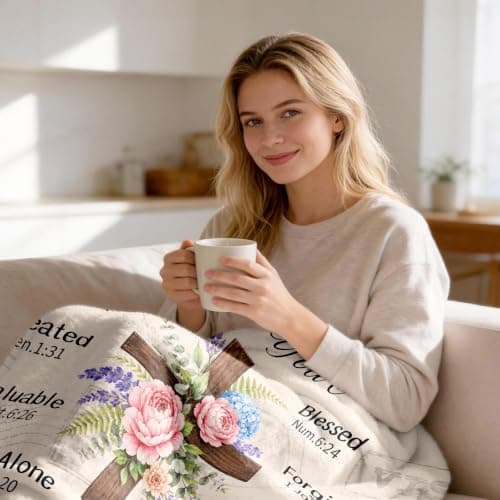 Inspirational Throw Blanket with Cross Flowers, Bible Verse for Mom, Daughter,Friends, Sister, Soft Flannel Blanket 50"x60" Birthday Blanket for Women, Christian Gifts for Friends, Mom B0HGLK3H1C