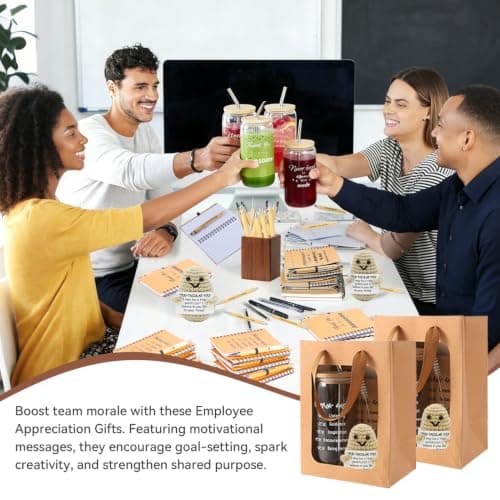 42 Pcs/6 Sets Employee Appreciation Gifts Bulk - Includes 16oz Glass Cups with Bamboo Lid, Positive Crochet, Inspirational Notebooks with Pens, Kraft Paper Gift Bags & Straw - Thank You Gifts for Coworkers, Teachers, Staff & Team B0G5MPS7K6